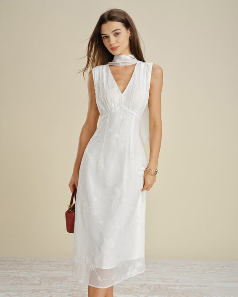 White V Neck Floral Embroidery Midi Dress & Reviews - White - Dresses White V Neck Floral Embroidery Midi Dress & Reviews - White - Dresses