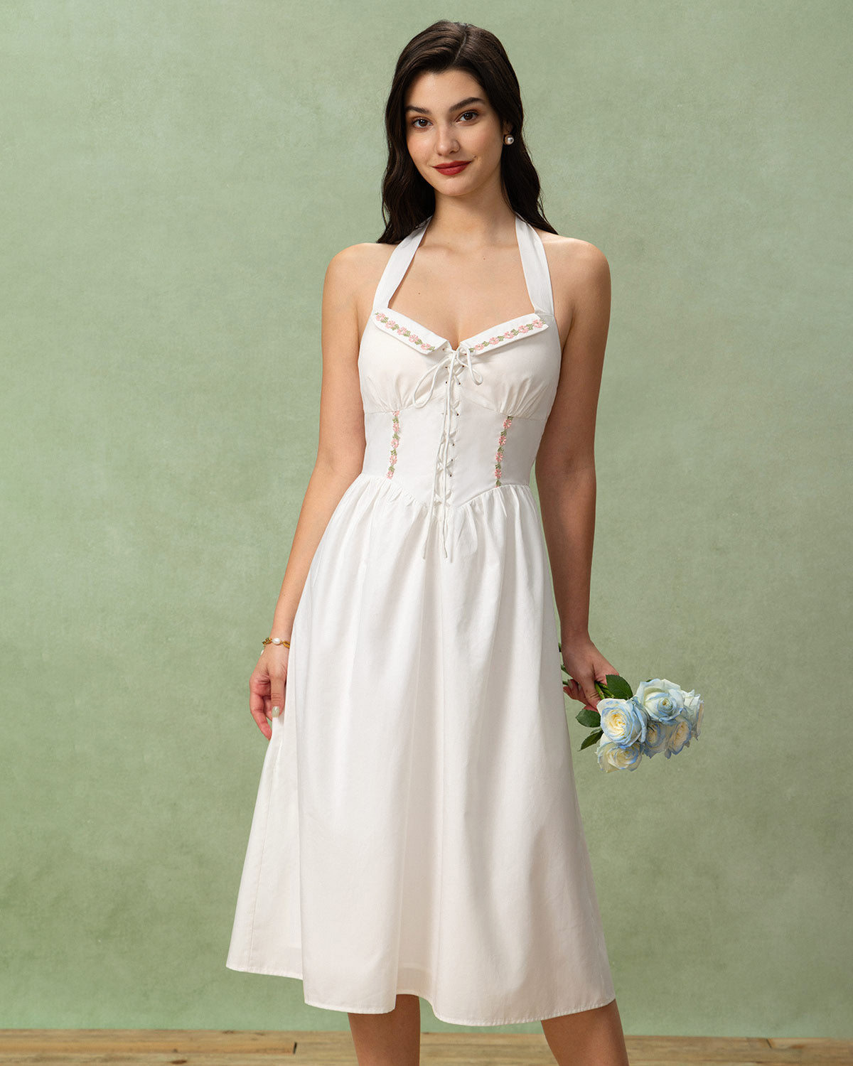 White Embroidery A-Line Halter Midi Dress White Embroidery A-Line Halter Midi Dress