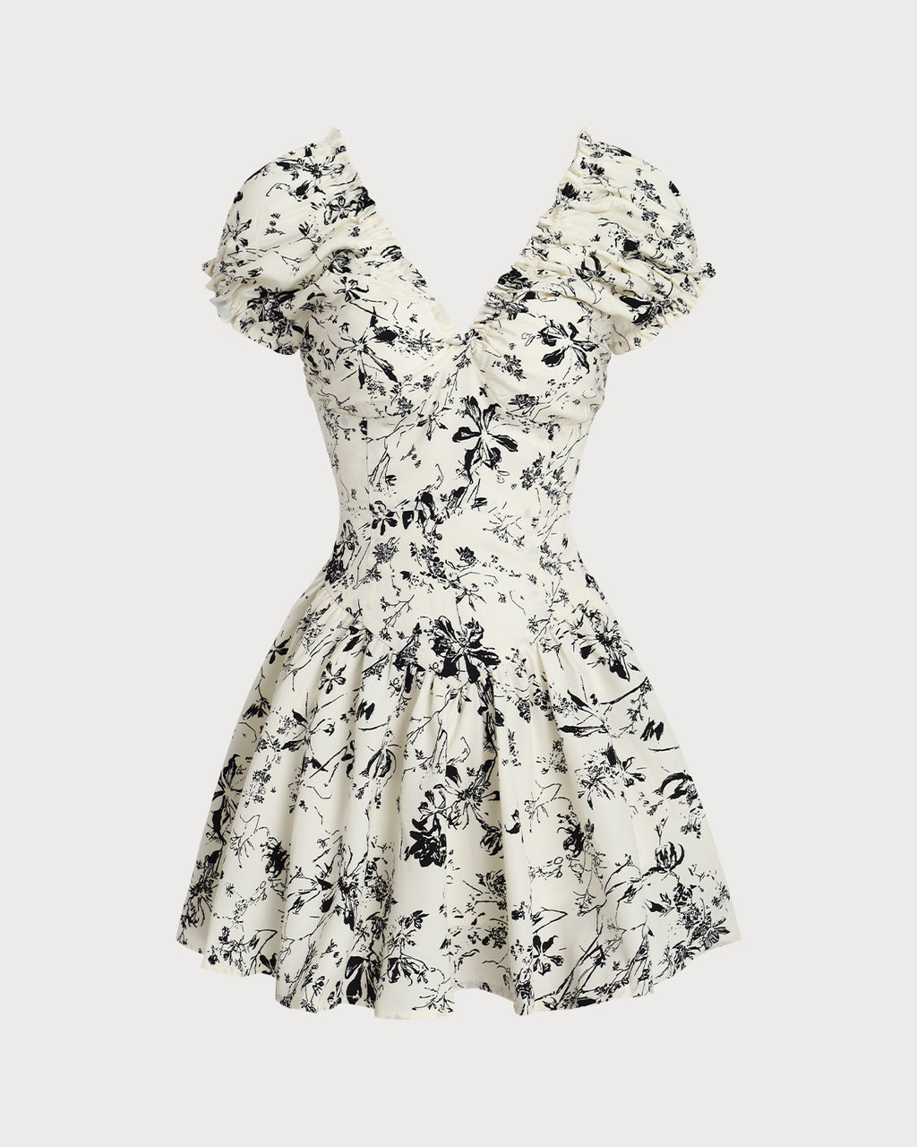 White Floral Ruched V Neck Mini Dress - RIHOAS