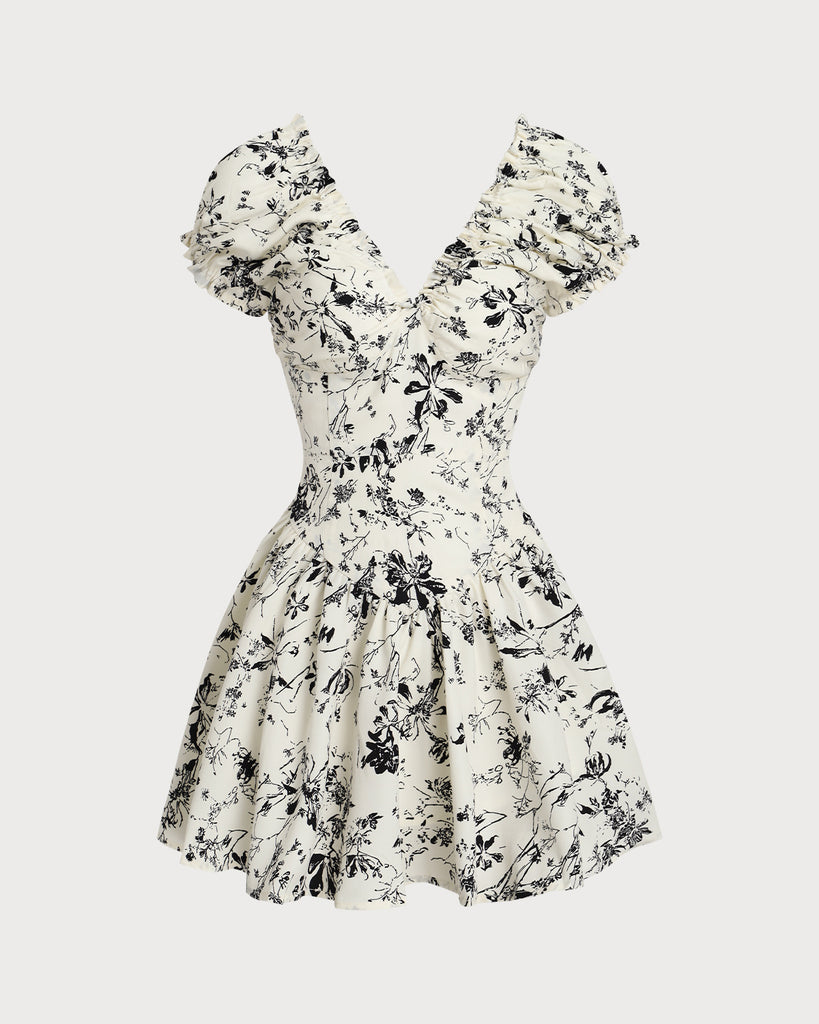 White Floral Ruched V Neck Mini Dress - RIHOAS