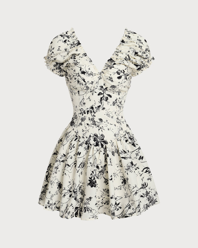 White Floral Ruched V Neck Mini Dress - RIHOAS
