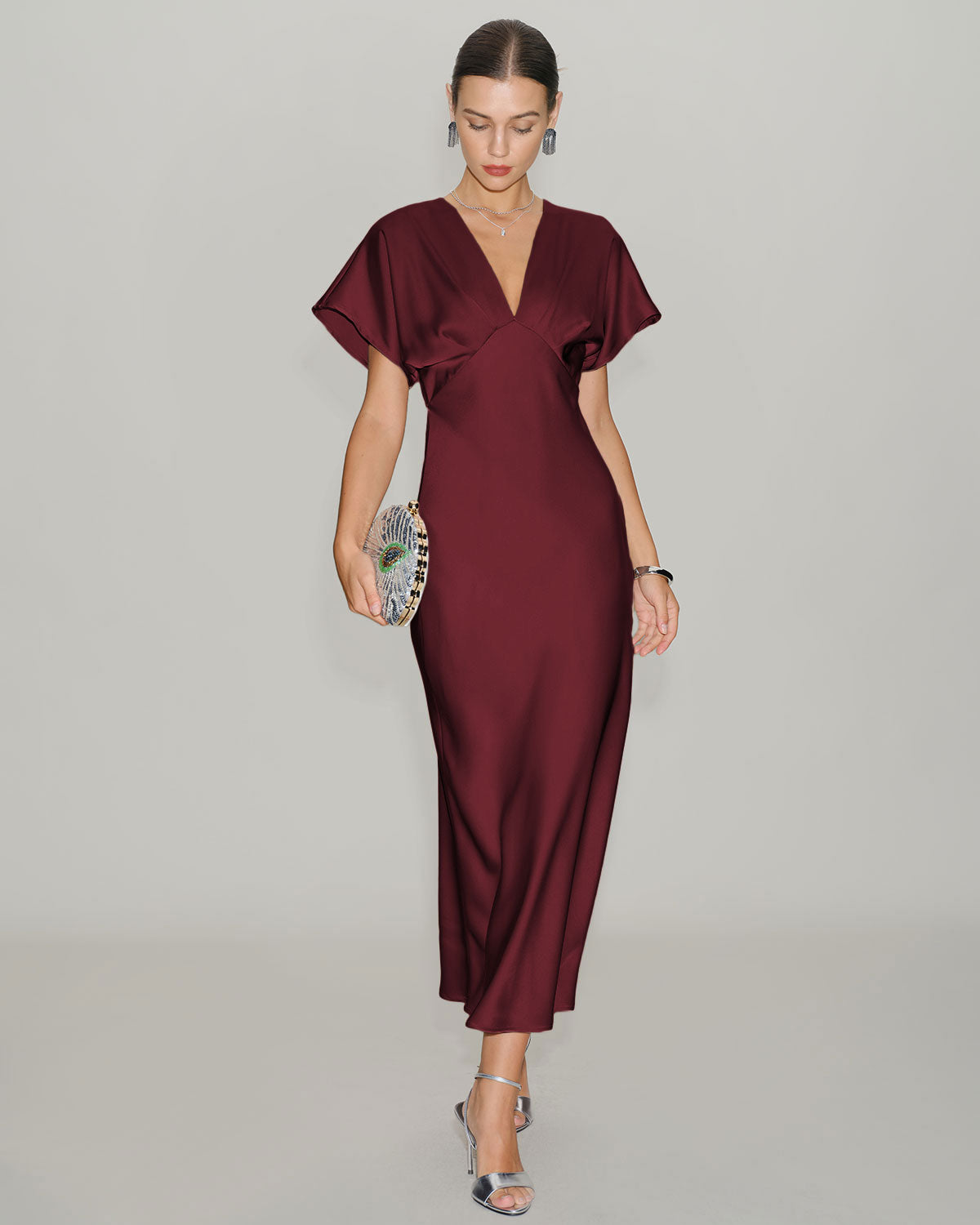 Rihoas Satin V Neck Flutter Sleeve Midi Dress | A Line Dress for Wedding Guest, Cocktail Party, Party Wear, Wine Red / S Rihoas Satin V Neck Flutter Sleeve Midi Dress | A Line Dress for Wedding Guest, Cocktail Party, Party Wear, Wine Red / S