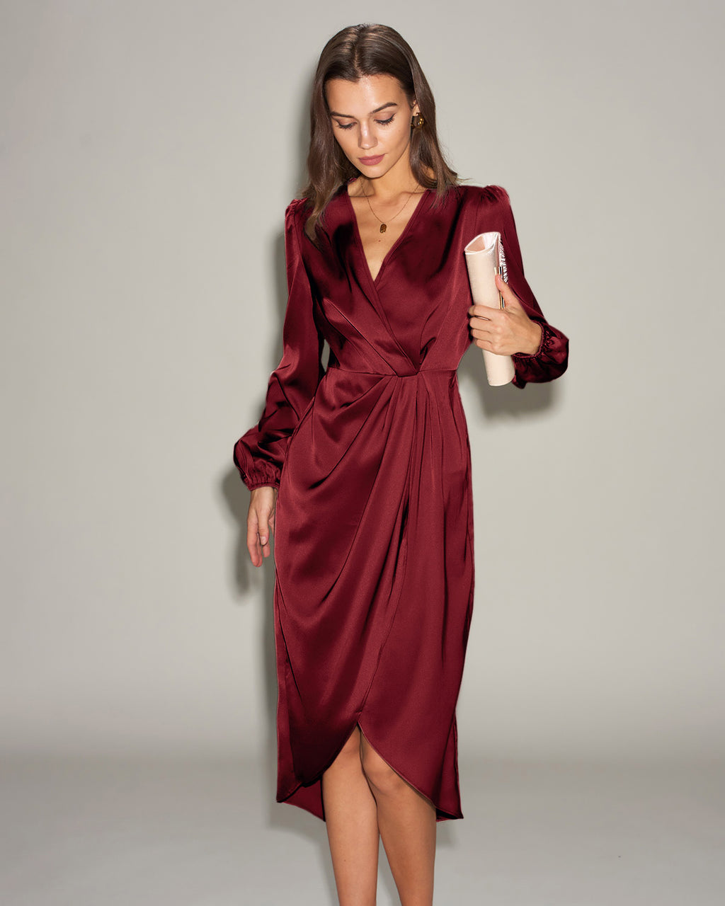 Women's Woven Polyester Midi Dresses Wine Red Dresses - RIHOAS