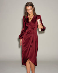 Women's Woven Polyester Midi Dresses Wine Red Dresses - RIHOAS
