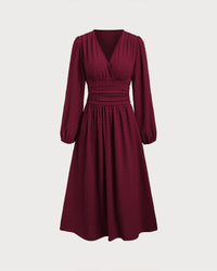 Women's Woven Polyester Midi Dresses Wine Red Dresses - RIHOAS