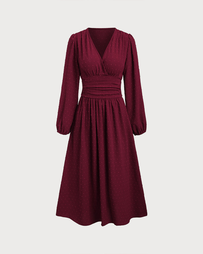 Women's Woven Polyester Midi Dresses Wine Red Dresses - RIHOAS