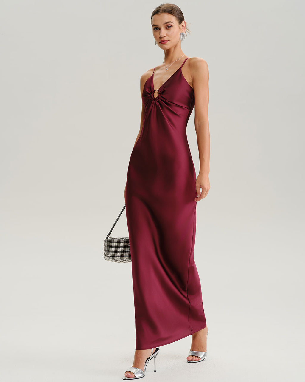 Women's Woven Polyester Midi Dresses Wine Red Dresses - RIHOAS