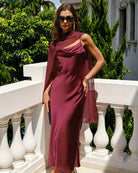 Women's Woven Polyester Midi Dresses Wine Red Dresses - RIHOAS