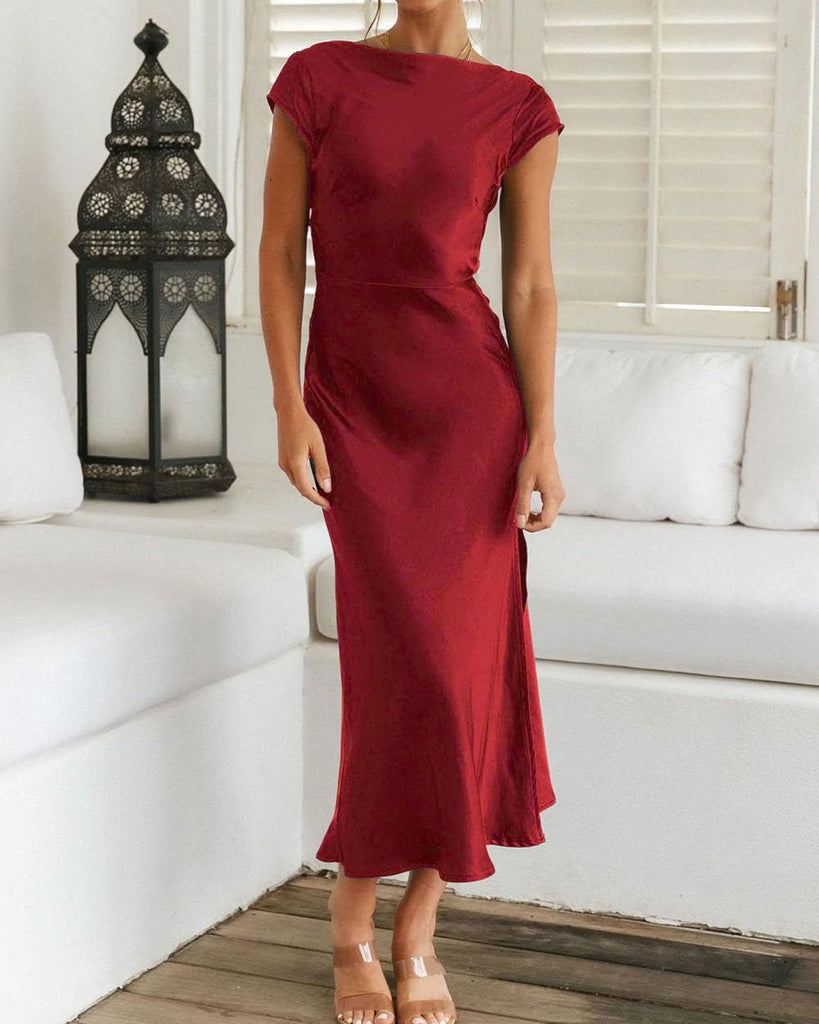 Women's Woven Polyester Midi Dresses Wine Red Dresses - RIHOAS