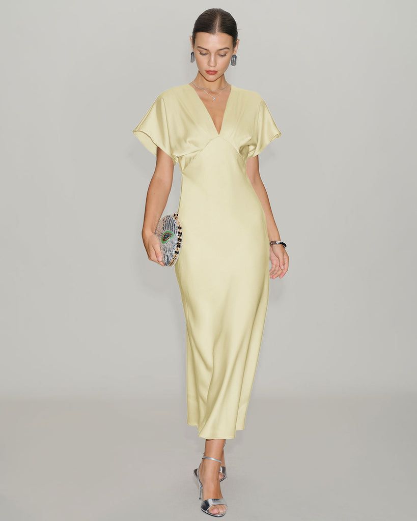 Women's Woven Polyester Midi Dresses Yellow Dresses - RIHOAS