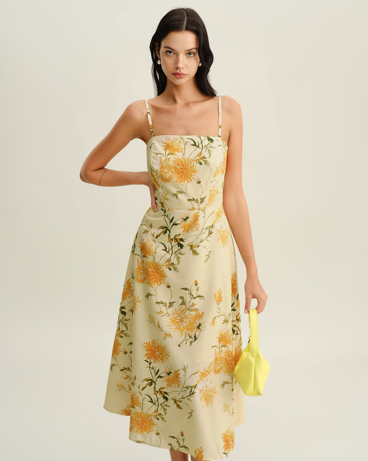 Women's Woven Polyester Midi Dresses Yellow Dresses - RIHOAS