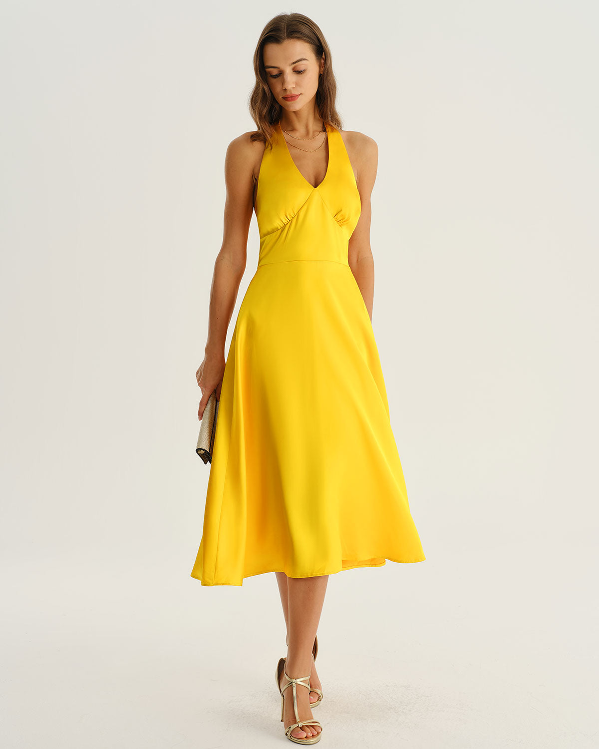 Women's Woven Polyester Midi Dresses Yellow Dresses - RIHOAS