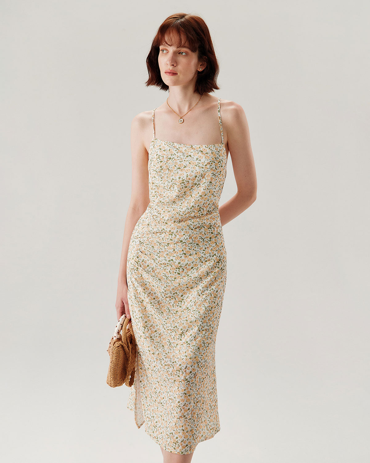 Yellow Floral Ruched Slip Midi Dress - RIHOAS