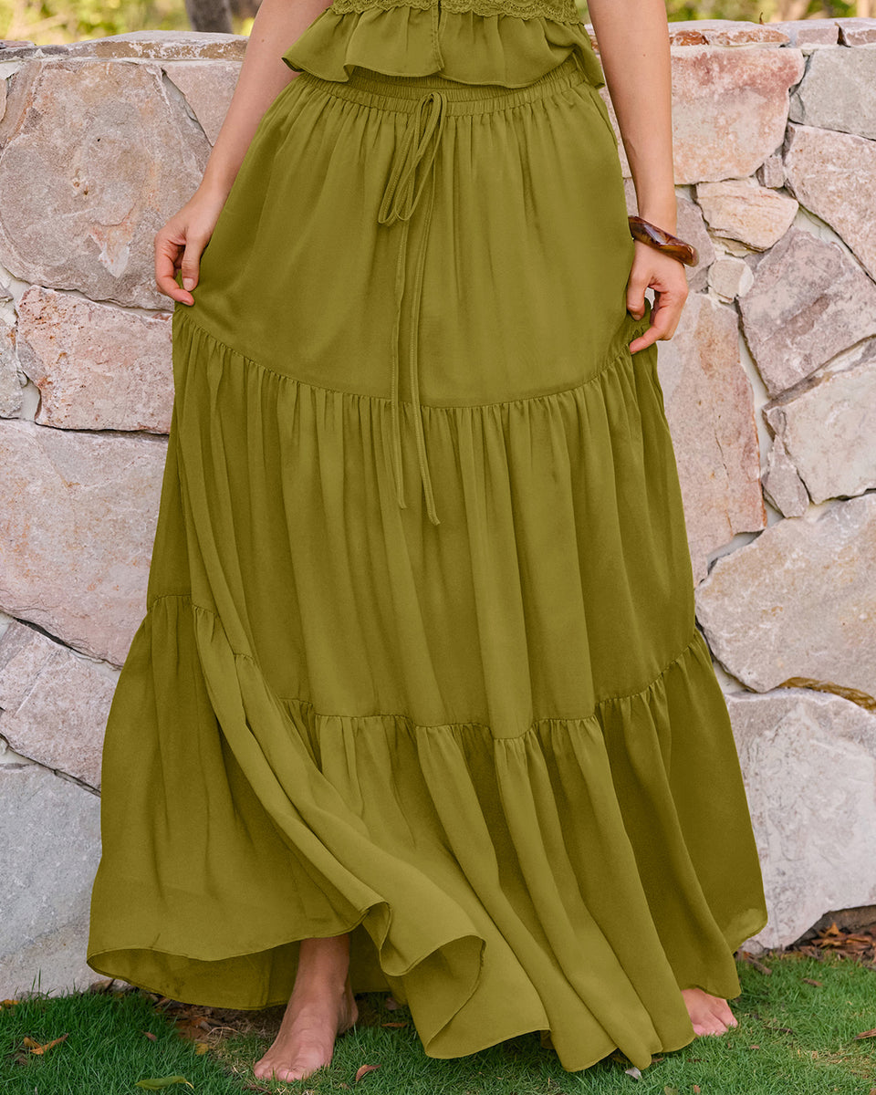 Green chiffon maxi skirt with elastic waist, a 1970s vintage-style maxi skirt