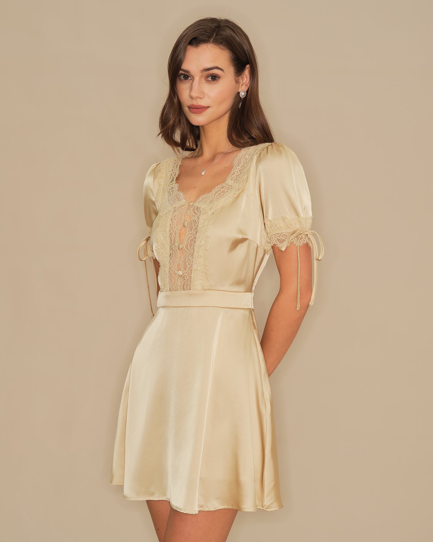 Apricot V Neck Lace Satin Mini Dress Apricot V Neck Lace Satin Mini Dress