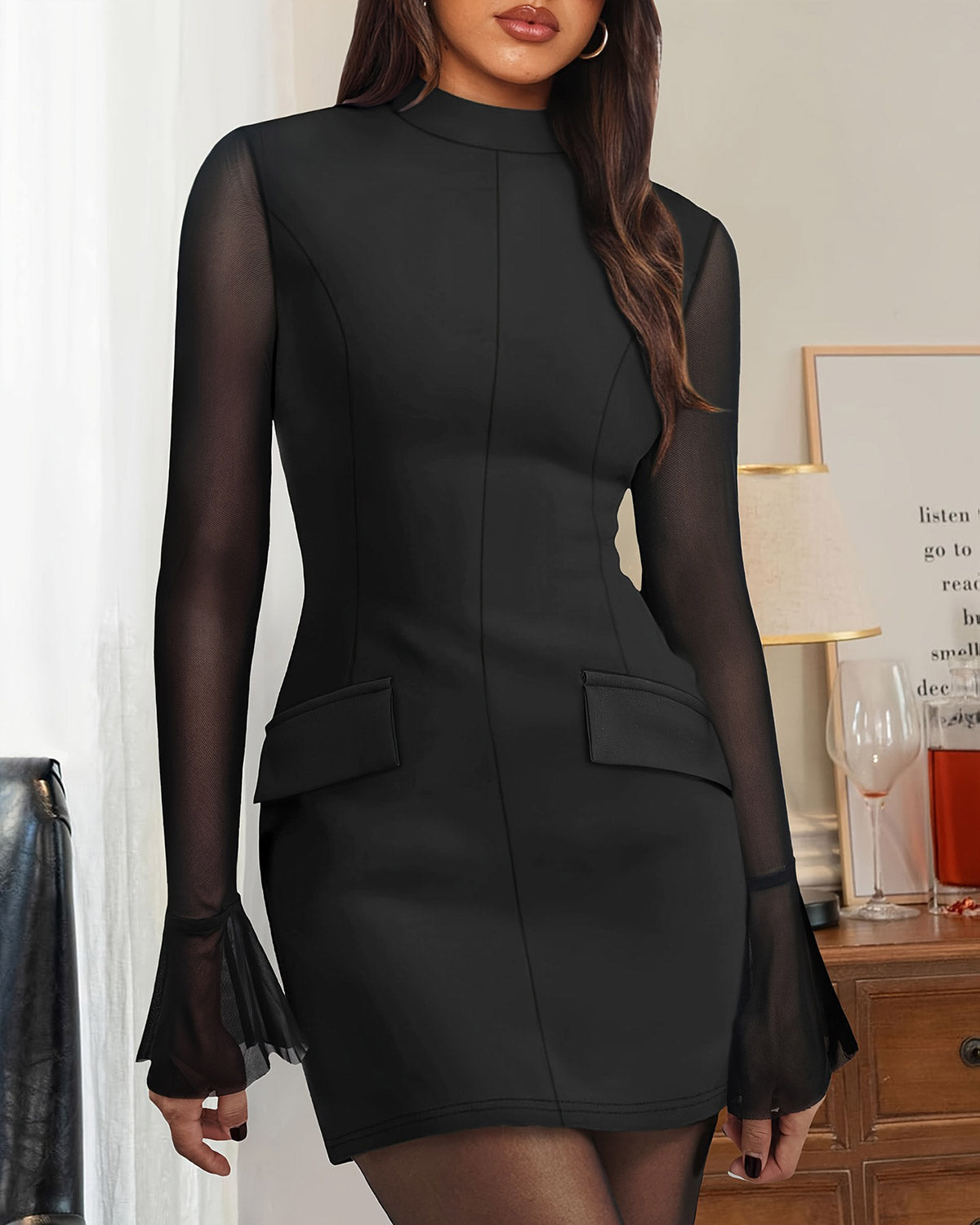 Women's Woven Polyester Mini Dress Black Dresses - RIHOAS