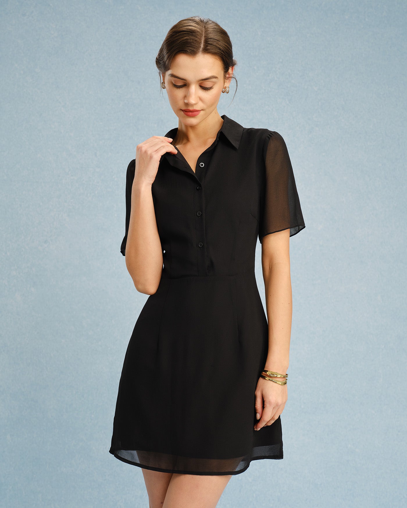 Rihoas Chiffon Lapel Button Front Mini Dress | Short Sleeve A-Line for Graduation, Summer Party, Black / XS Rihoas Chiffon Lapel Button Front Mini Dress | Short Sleeve A-Line for Graduation, Summer Party, Black / XS