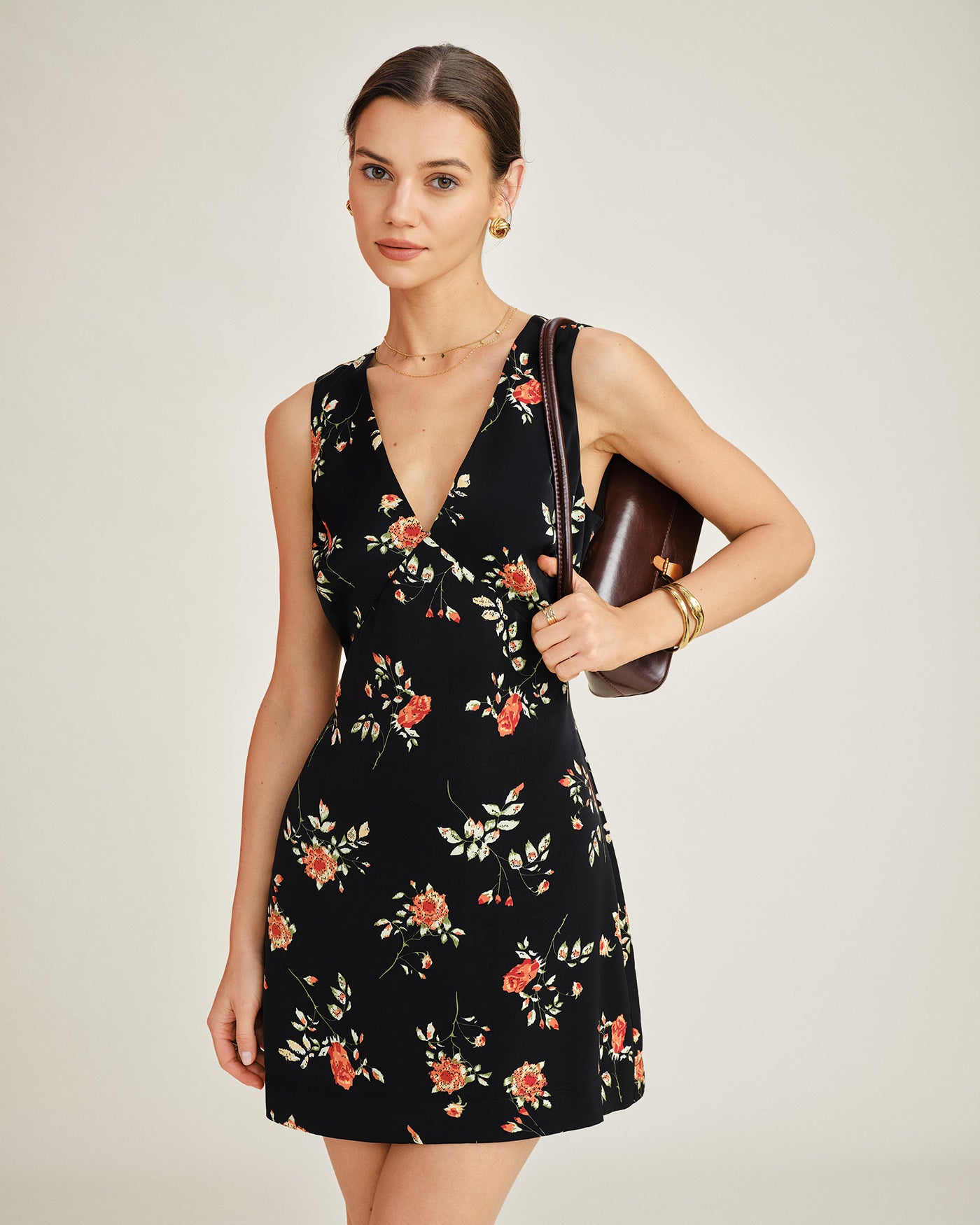 Black V Neck Floral A-Line Mini Dress & Reviews - Black - Dresses