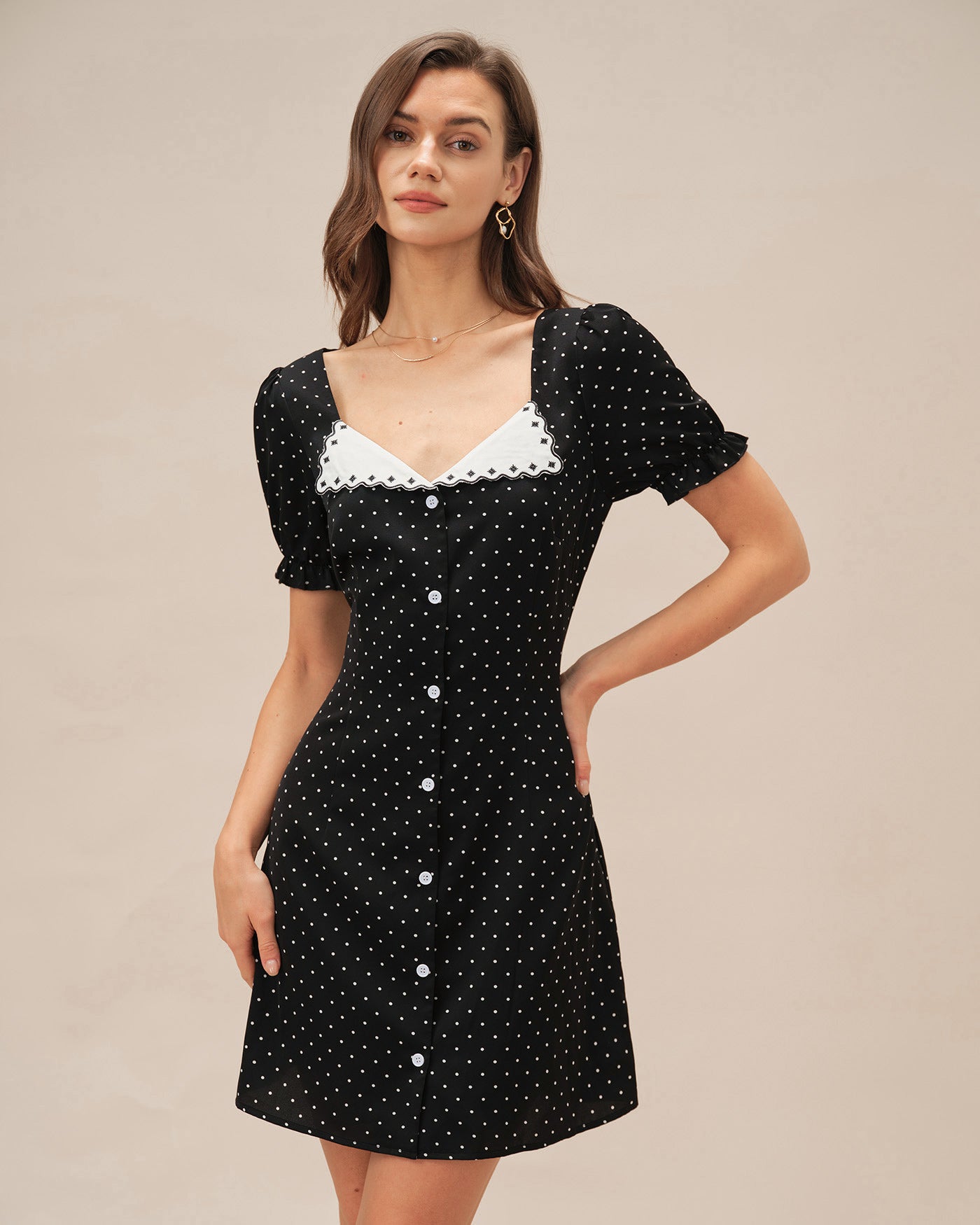 Black V Neck Polka Dot Mini Dress & Reviews - Black - Dresses