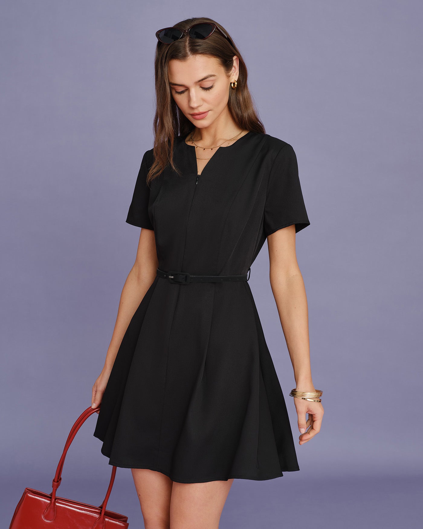 Rihoas Split Neck Short Sleeve Solid Belted Ruched A Line Mini Dress, Black / XS