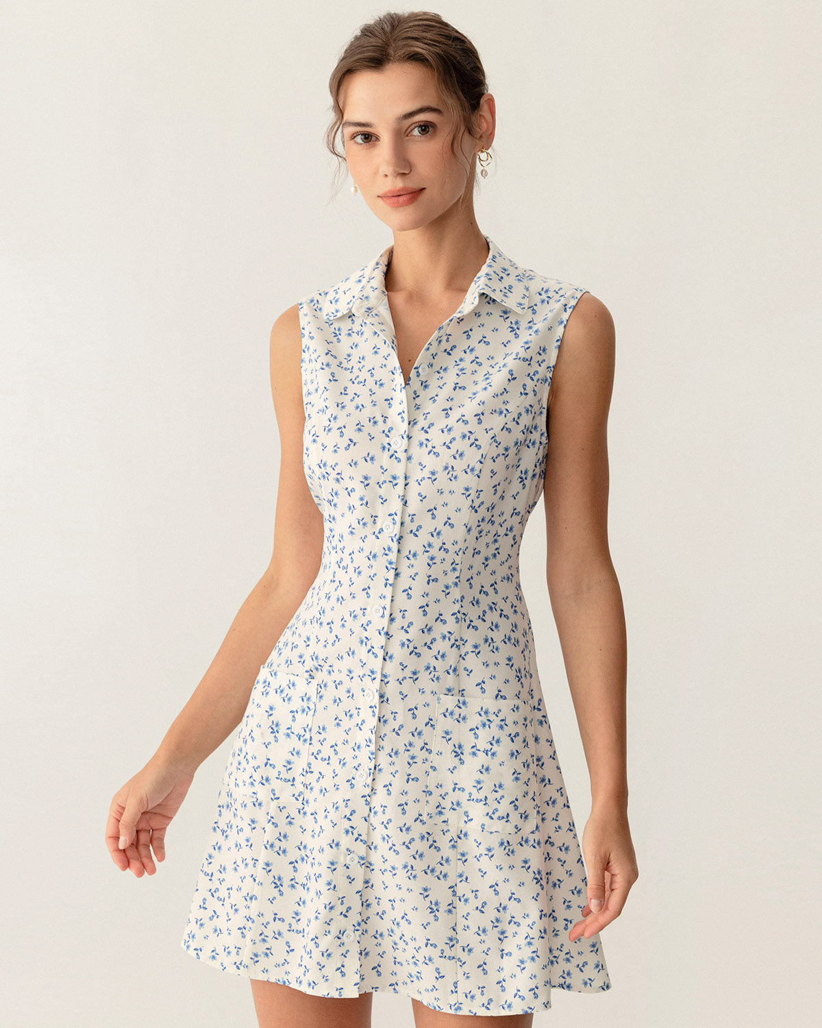 Blue Floral Pocket Sleeveless Mini Dress  - RIHOAS