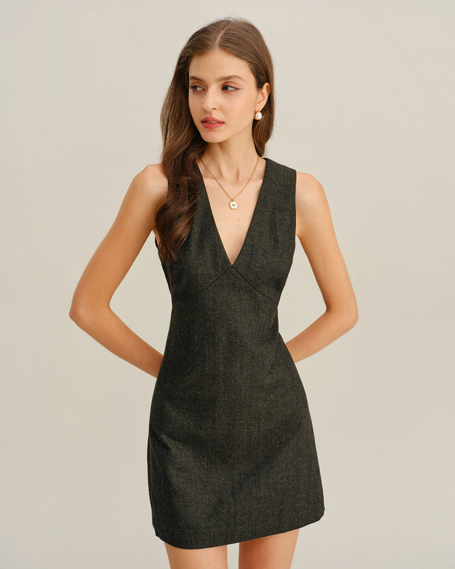 Women's Woven Polyester Mini Dress Dark Green Dresses - RIHOAS
