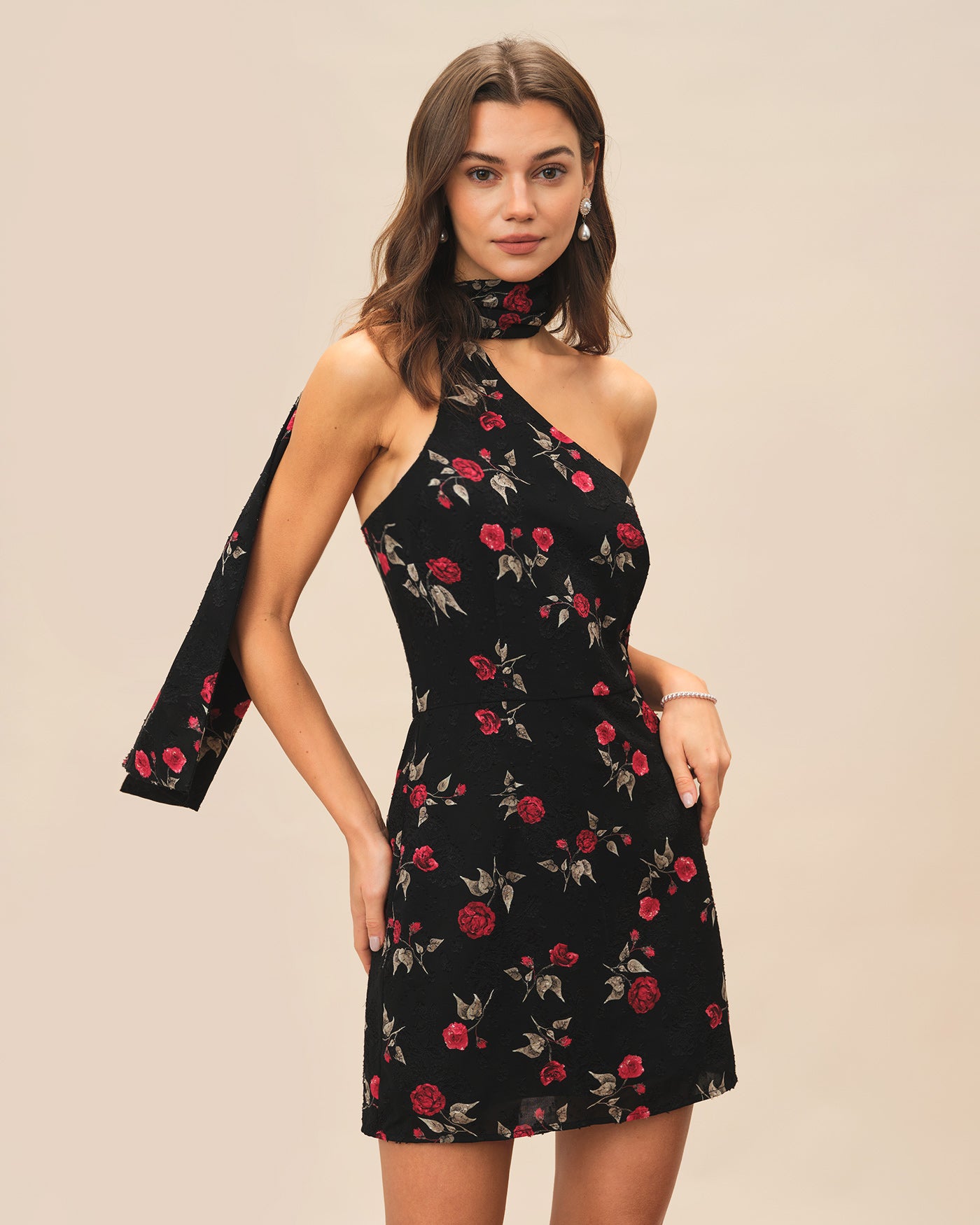 Black Jacquard One Shoulder Mini Dress & Reviews - Black