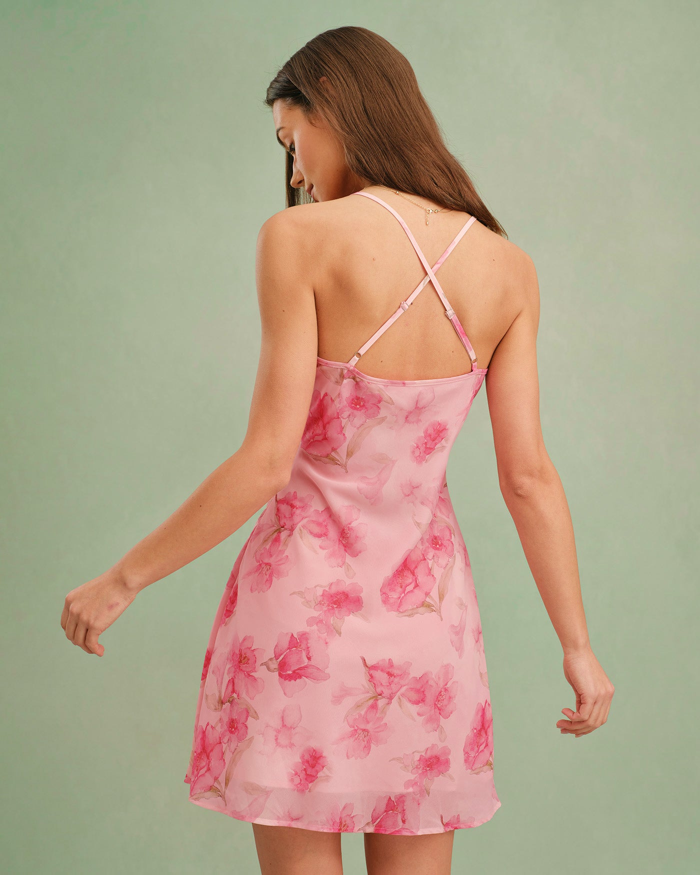 Pink Cowl Neck Floral Slip Mini Dress & Reviews - Pink - Dresses | RIHOAS
