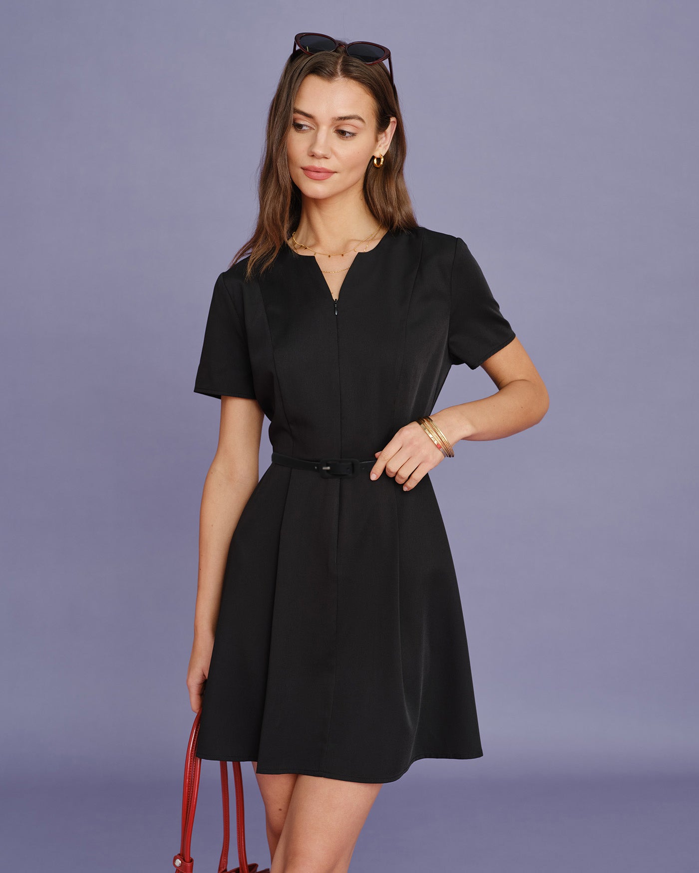 Rihoas Split Neck Short Sleeve Solid Belted Ruched A Line Mini Dress, Black / XS