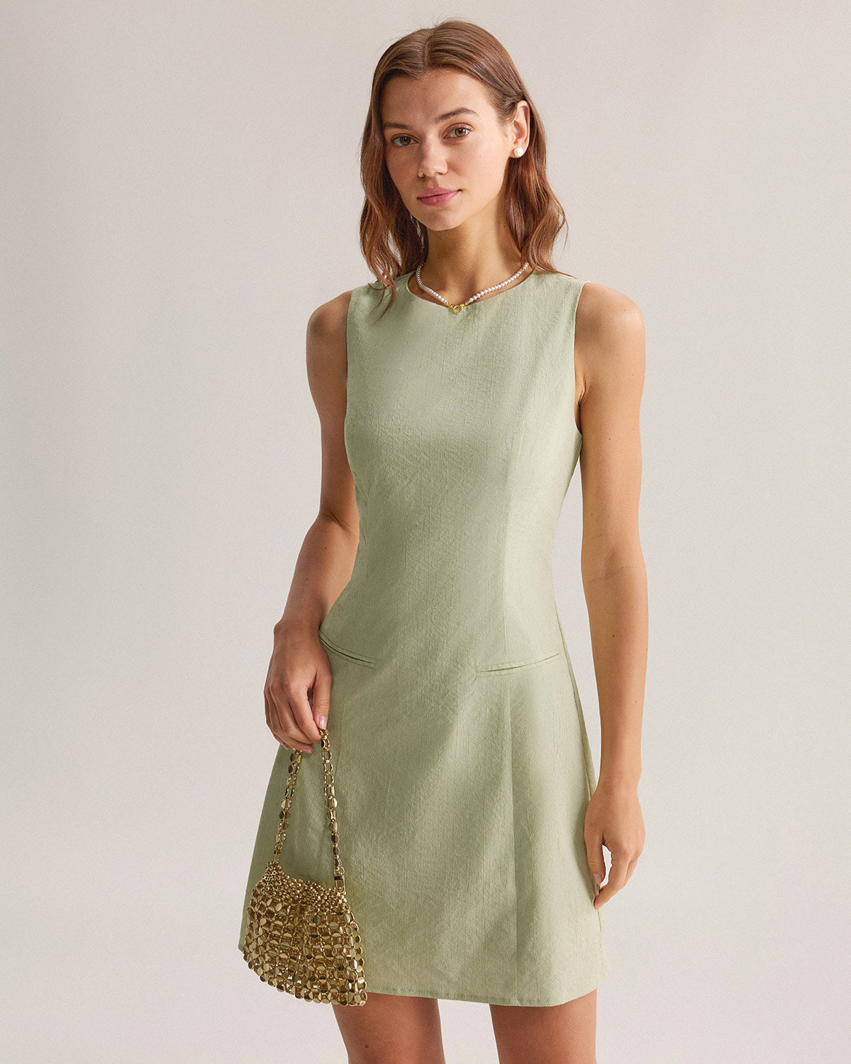 Green Boat Neck Sleeveless Mini Dress Green Boat Neck Sleeveless Mini Dress