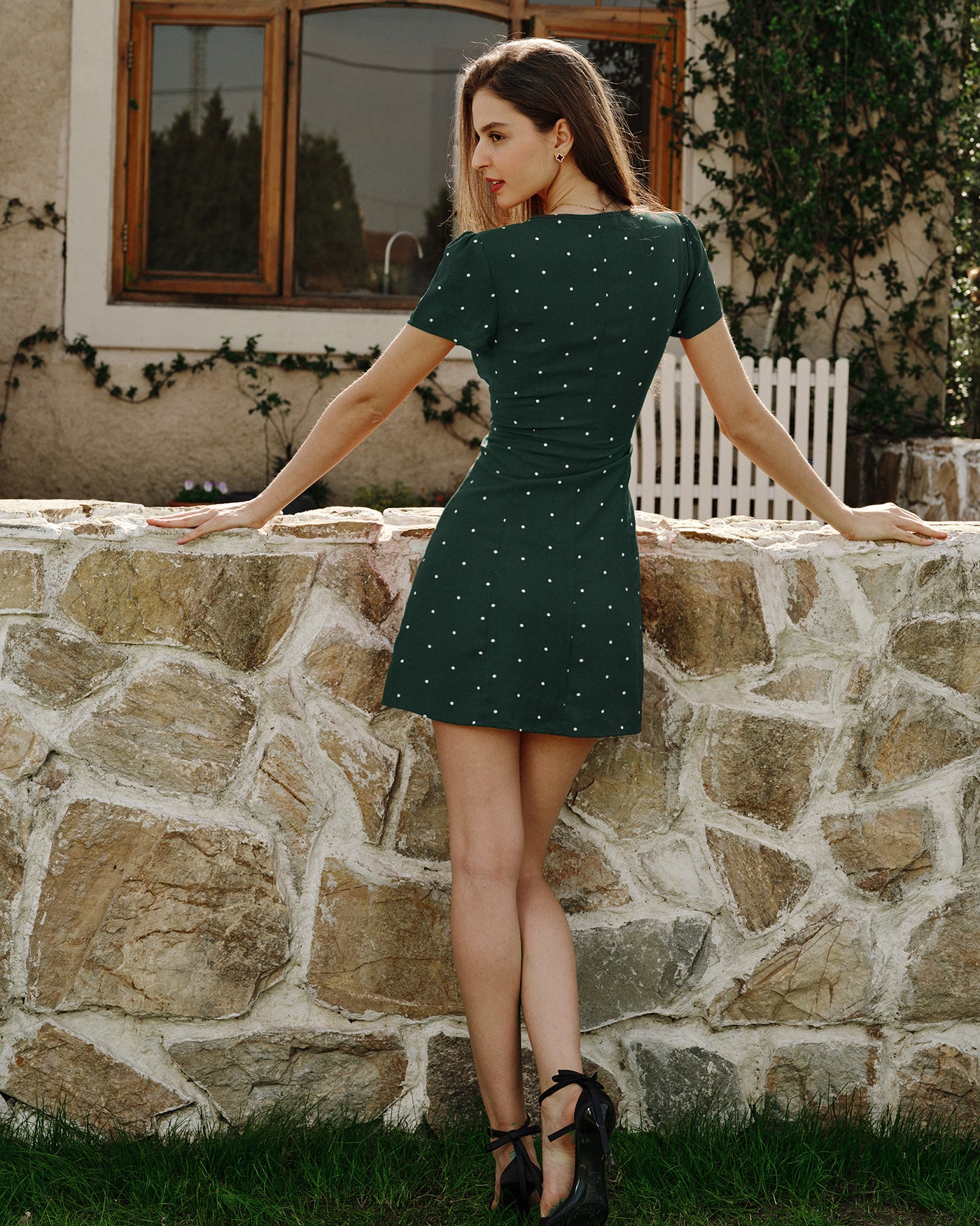 Green V Neck Polka Dot Mini Dress & Reviews - Green,Blue - Dresses | RIHOAS Green V Neck Polka Dot Mini Dress & Reviews - Green,Blue - Dresses | RIHOAS