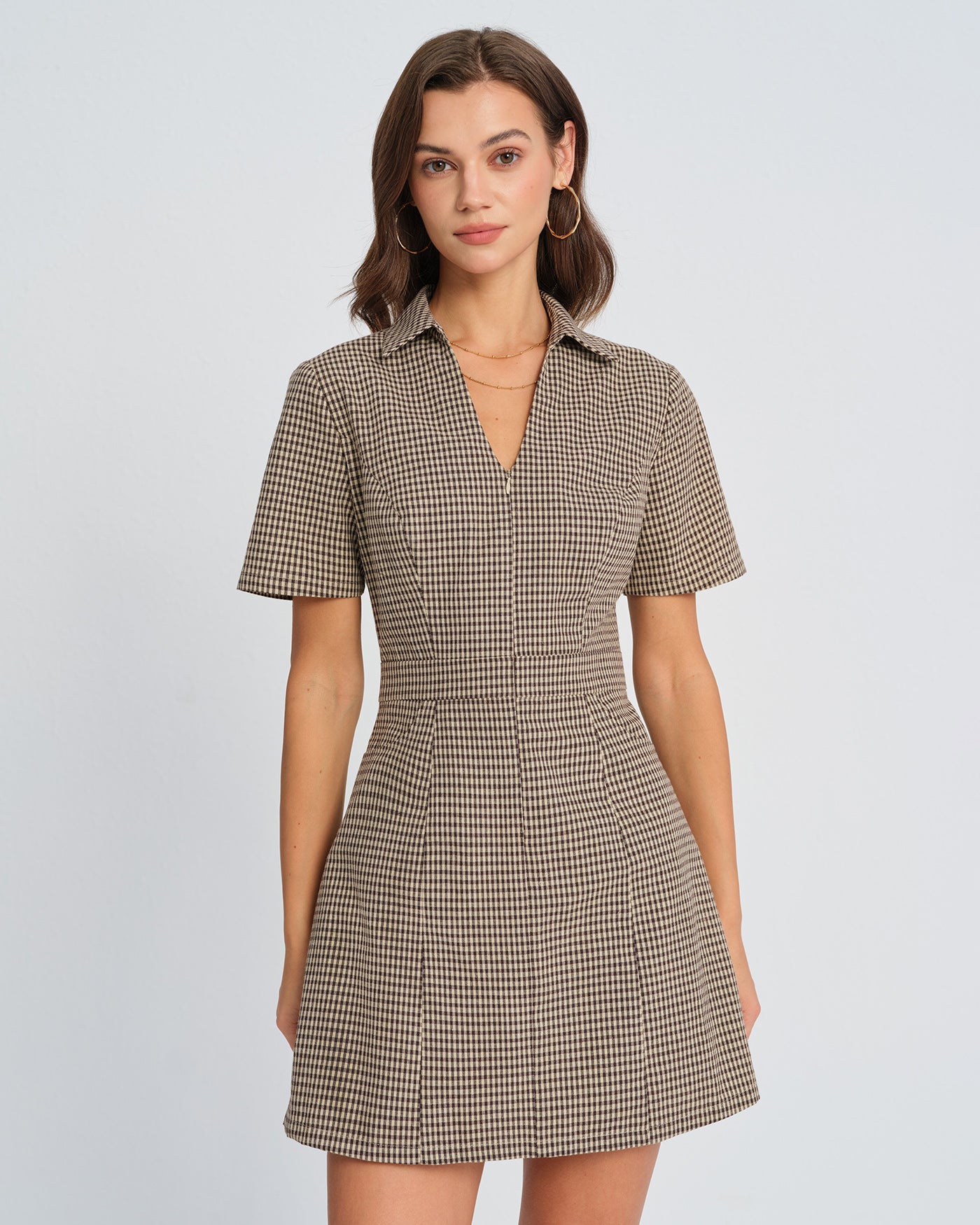 Brown Plaid Collar Mini Dress & Reviews - Brown