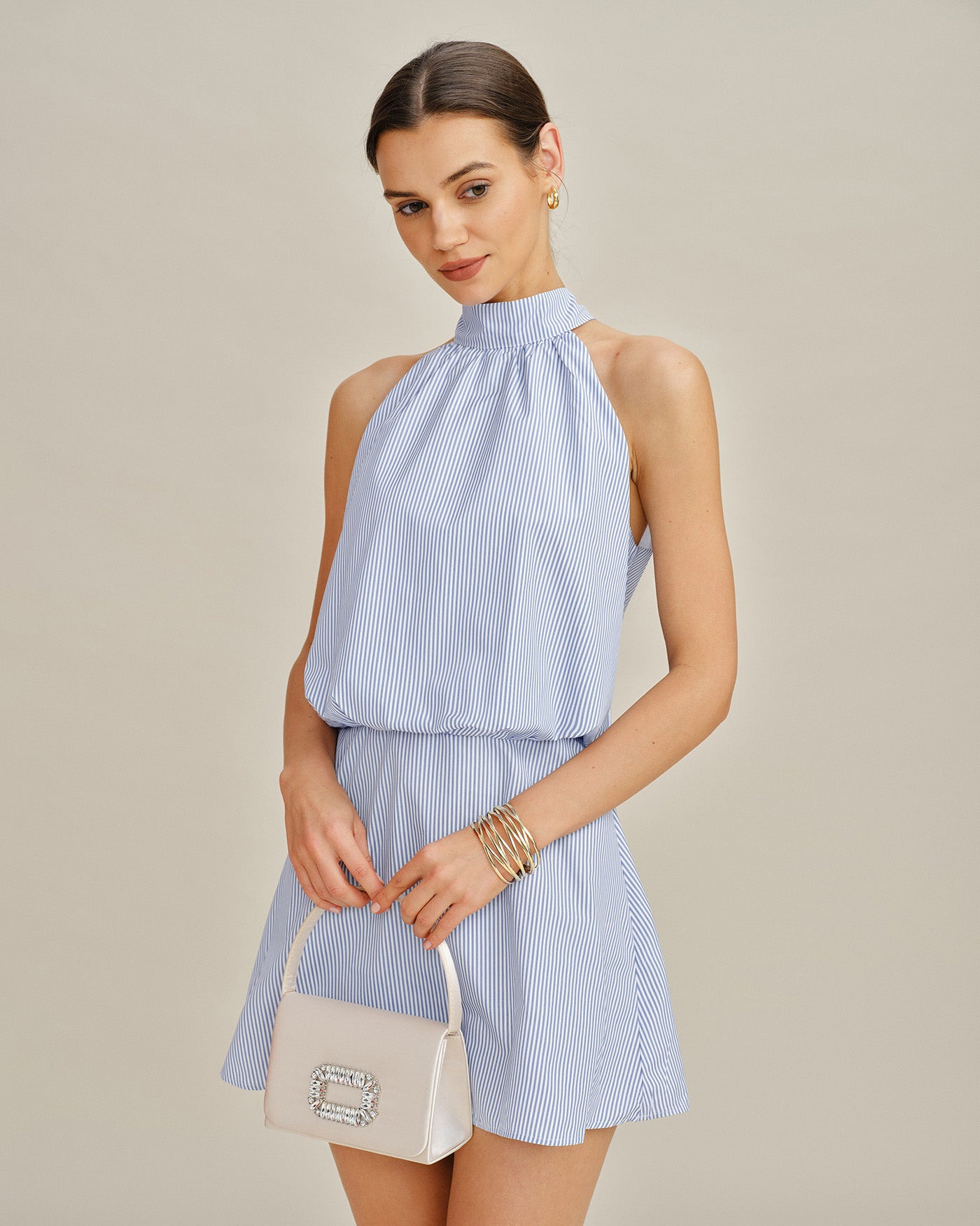 Blue Mock Neck Tie Striped Mini Dress & Reviews - Blue - Dresses | RIHOAS Blue Mock Neck Tie Striped Mini Dress & Reviews - Blue - Dresses | RIHOAS