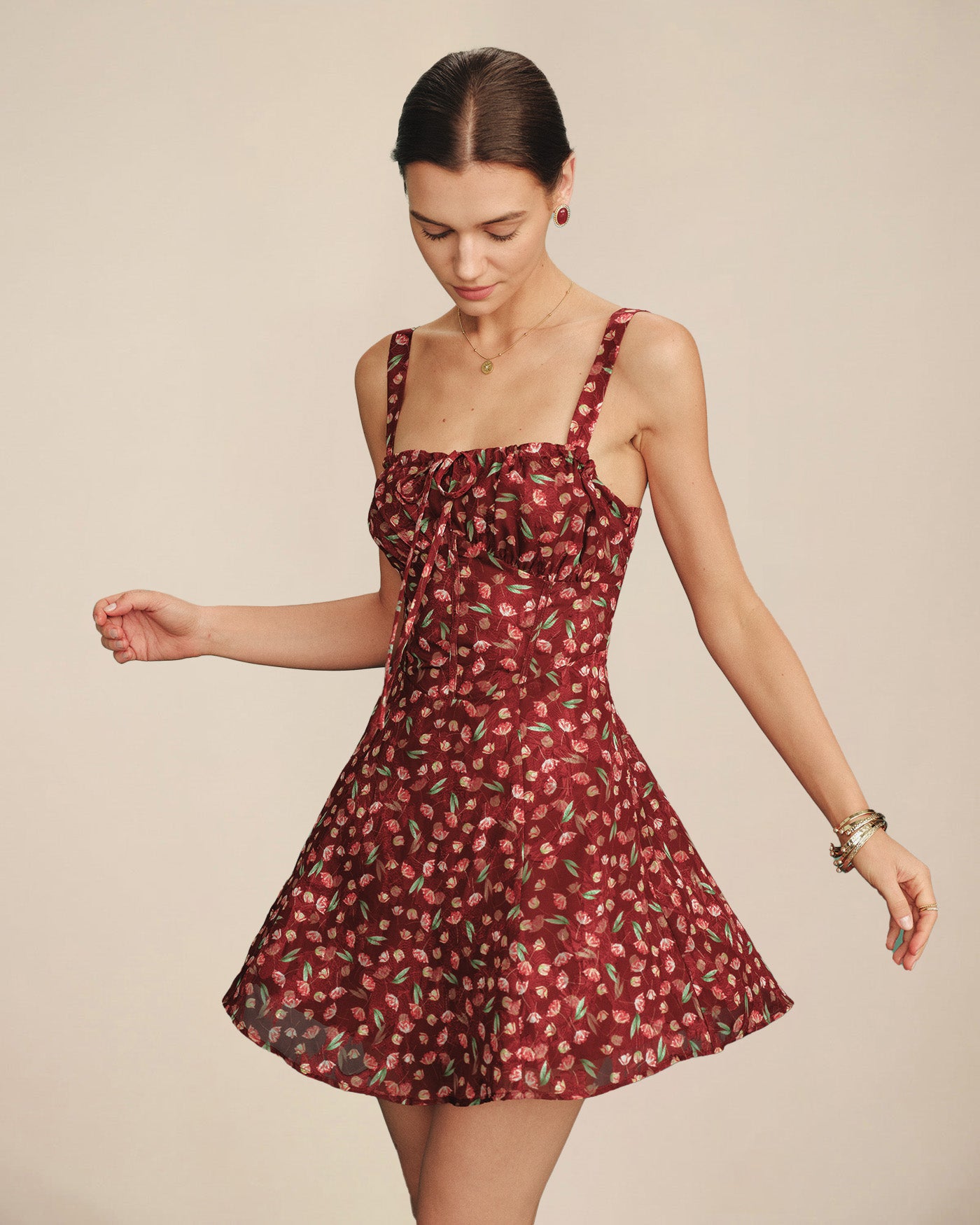 Red Tie Floral Slip Mini Dress