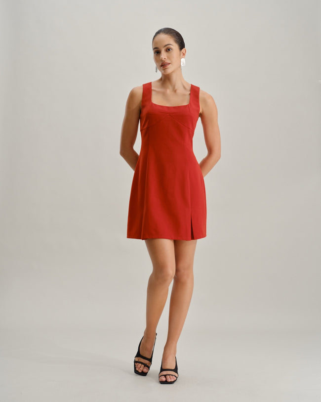 Red Square Neck A-Line Mini Dress