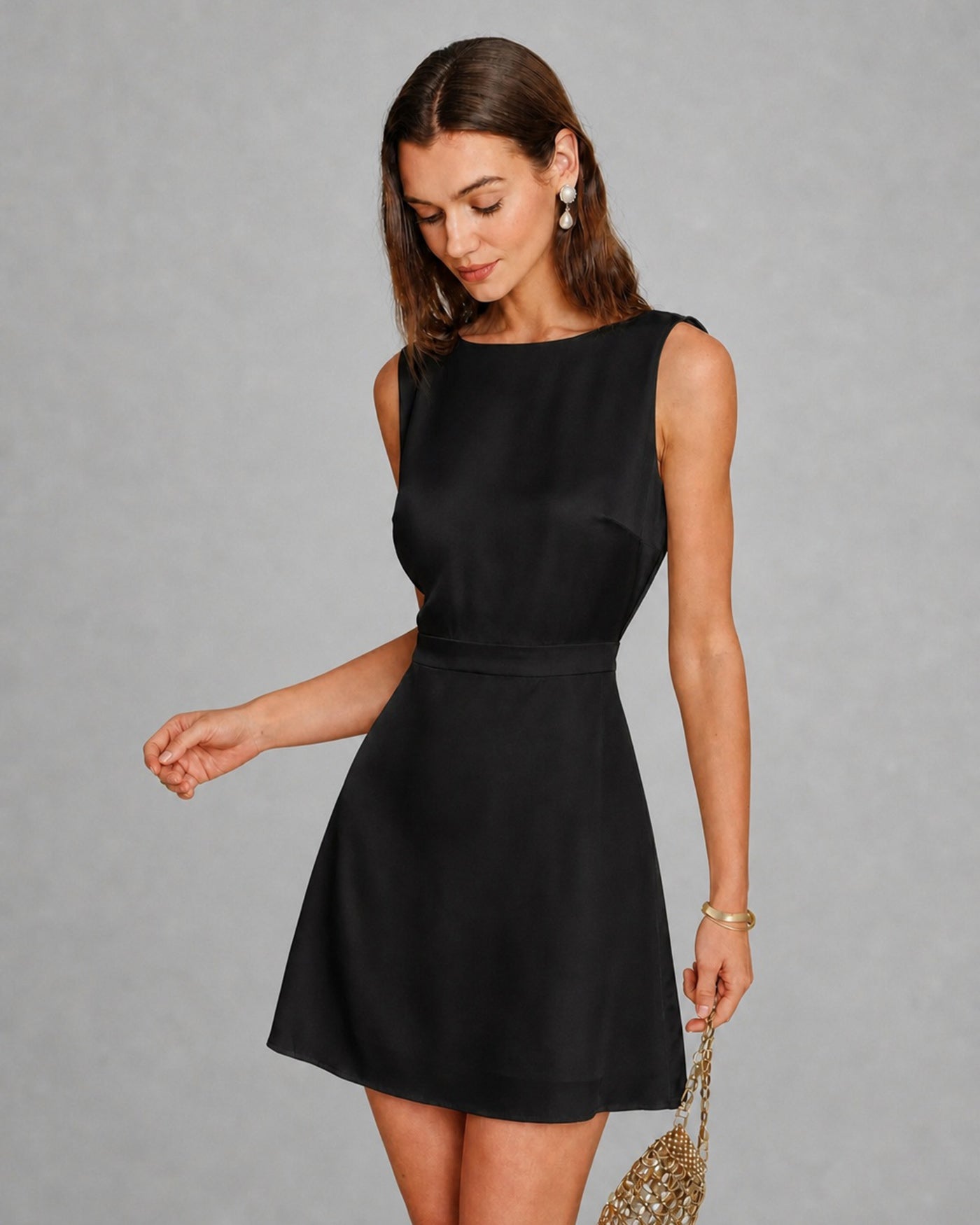 Black Boat Neck Pearl A-Line Mini Dress & Reviews - Black,Green,Blue - Dresses | RIHOAS Black Boat Neck Pearl A-Line Mini Dress & Reviews - Black,Green,Blue - Dresses | RIHOAS