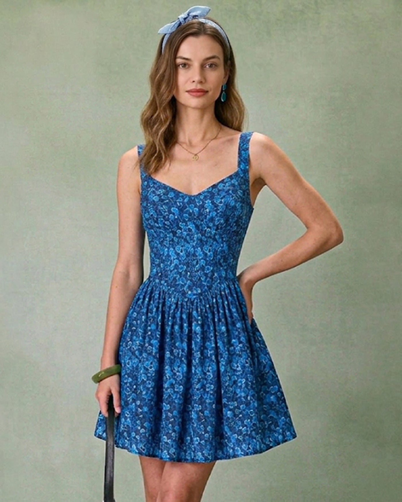 Floral U Neck Shirred Mini Dress