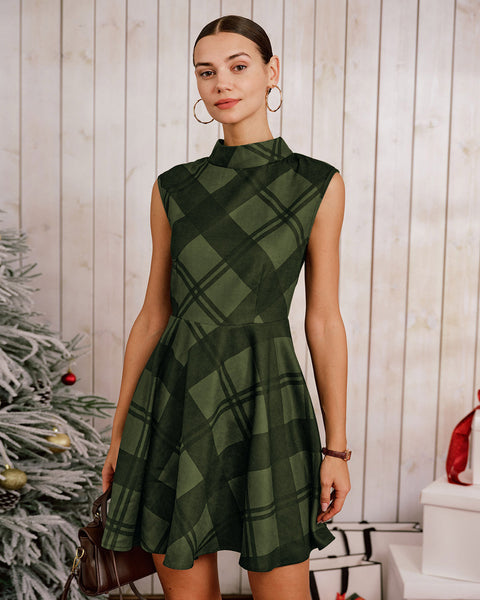 Rihoas Plaid Mock Neck Sleeveless Mini Dress for Women, Green / Xs