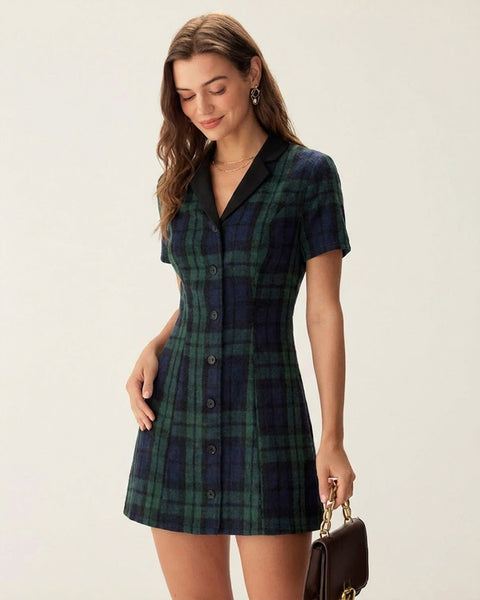 Green Plaid Collar Mini Dress & Reviews - Green - Dresses | RIHOAS