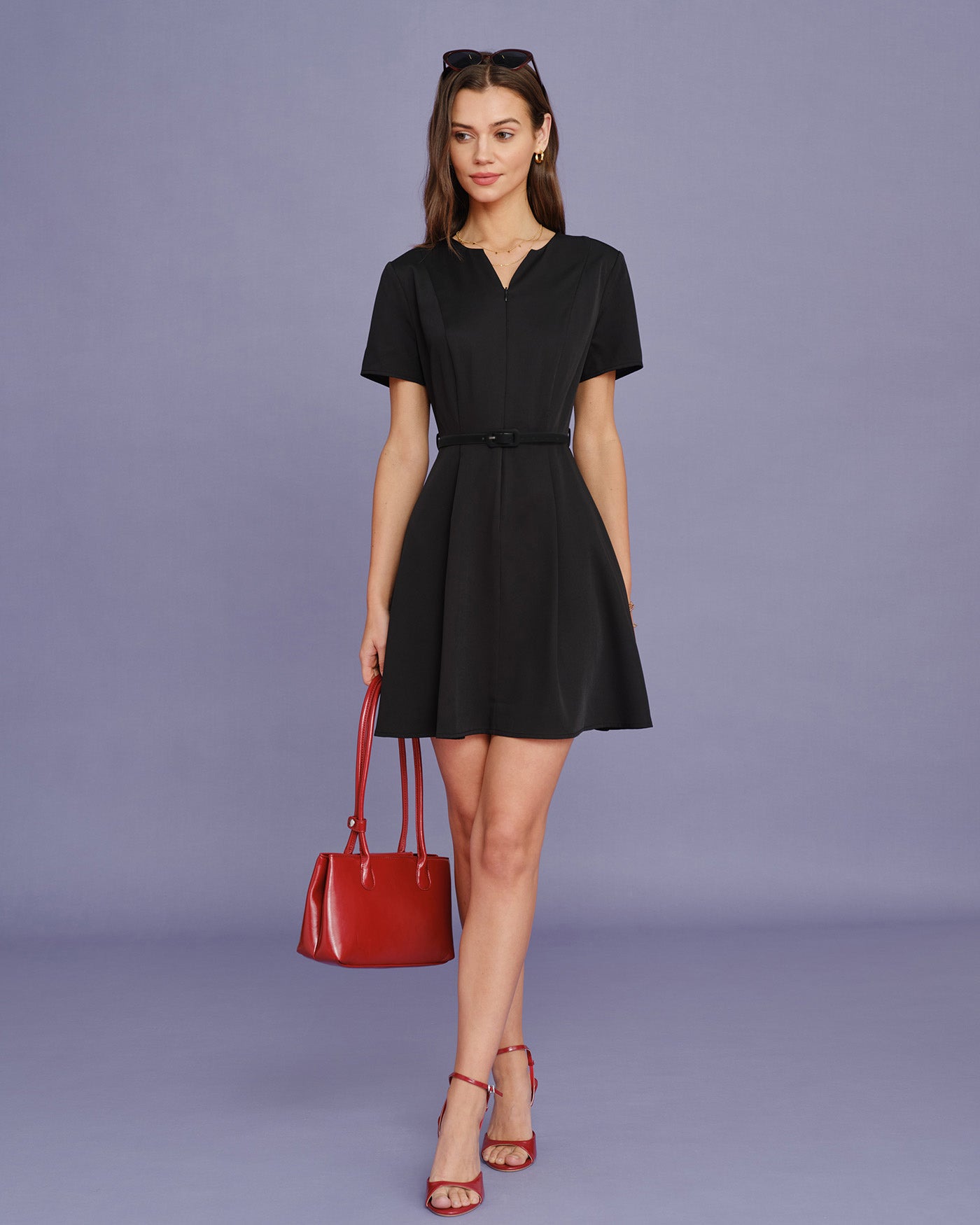 Rihoas Split Neck Short Sleeve Solid Belted Ruched A Line Mini Dress, Black / XL