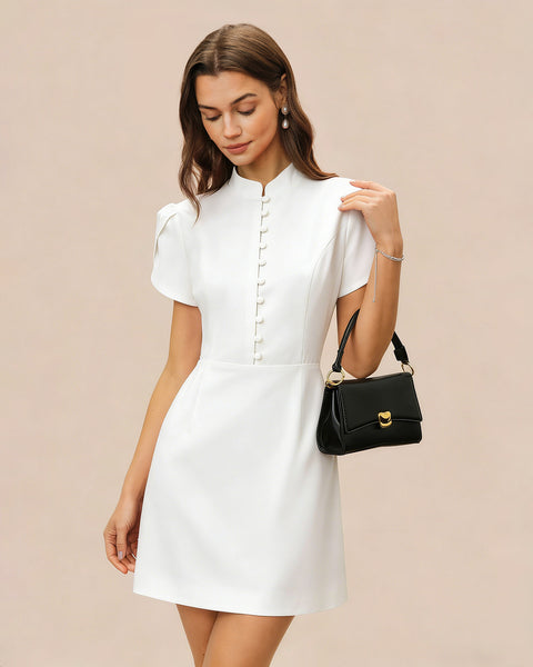 White Mandarin Collar Button Mini Dress Mandarin Collar Button Mini Dress &  Reviews - Black,White - Dresses