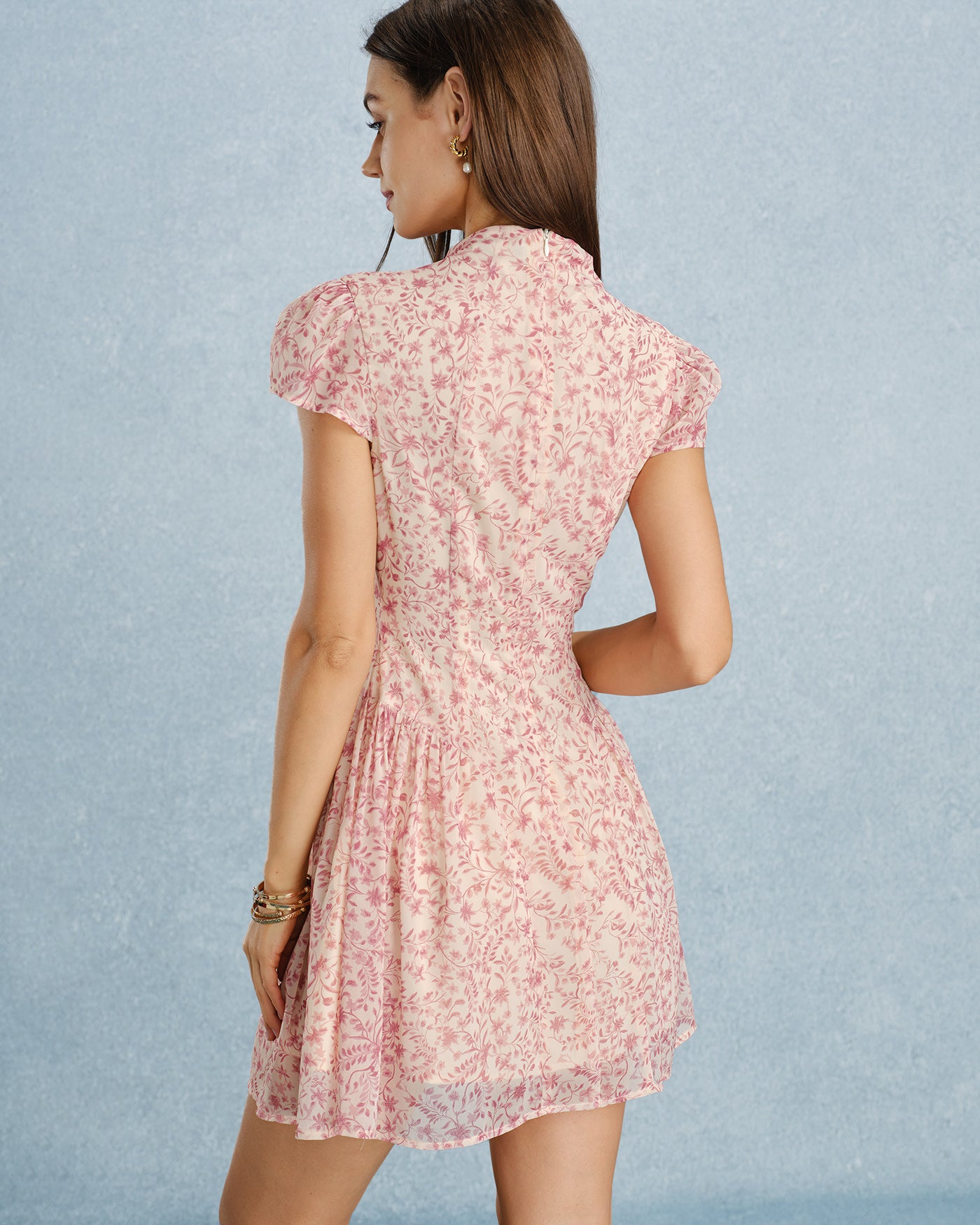 Pink Mock Neck Floral Chiffon Mini Dress & Reviews - Pink - Dresses | RIHOAS