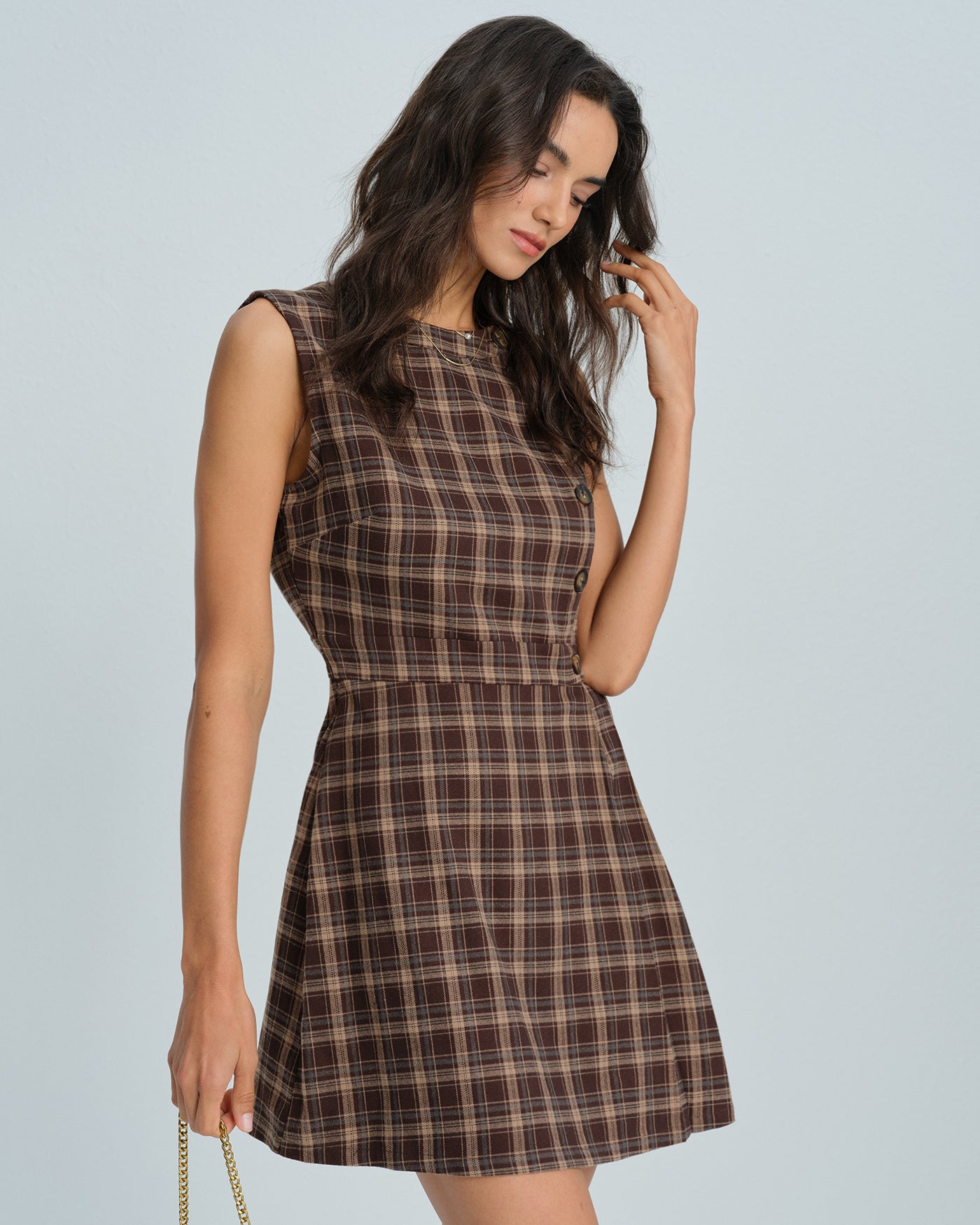 Brown Sleeveless Plaid Mini Dress Brown Sleeveless Plaid Mini Dress