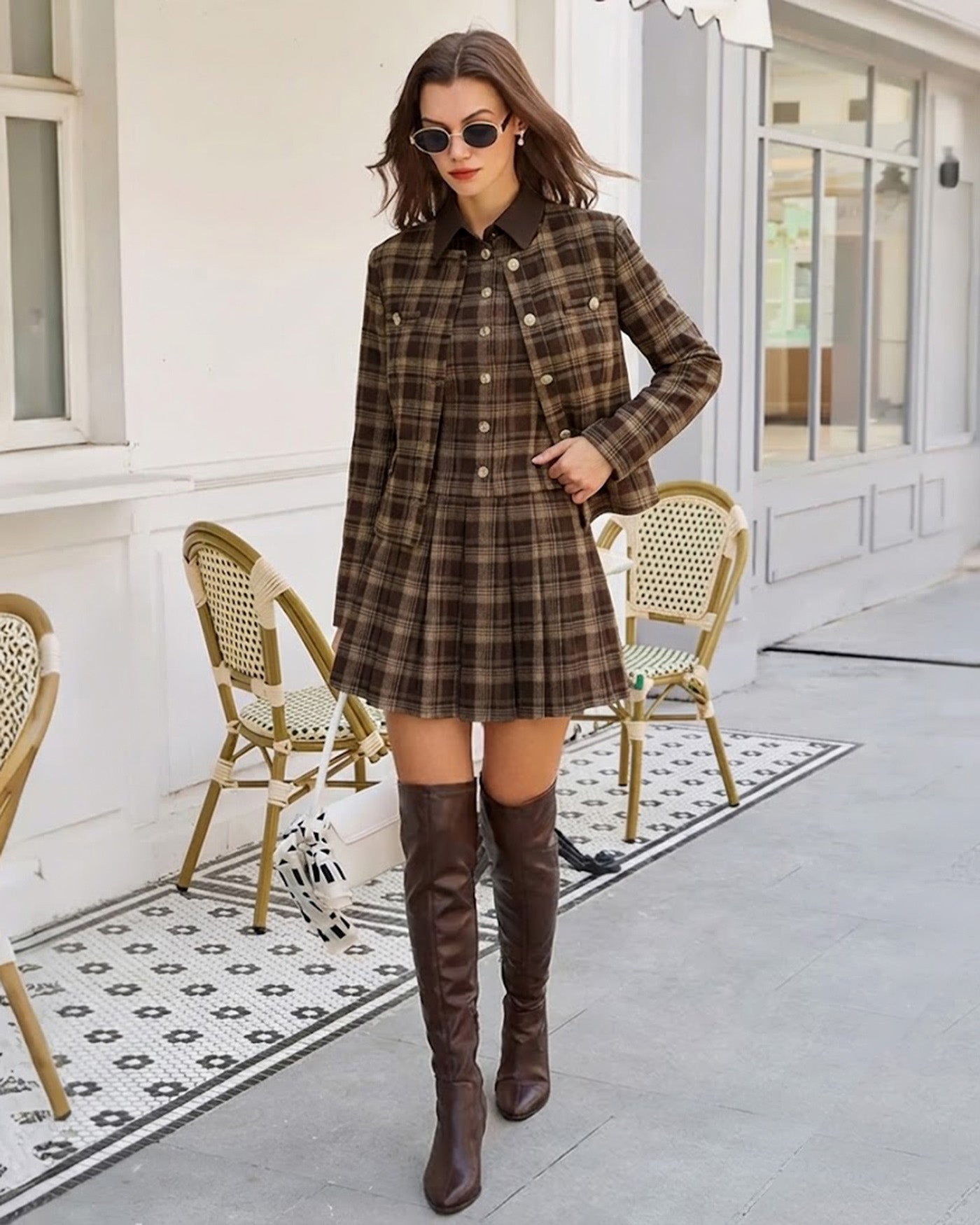 Brown Plaid Pleated Sleeveless Mini Dress