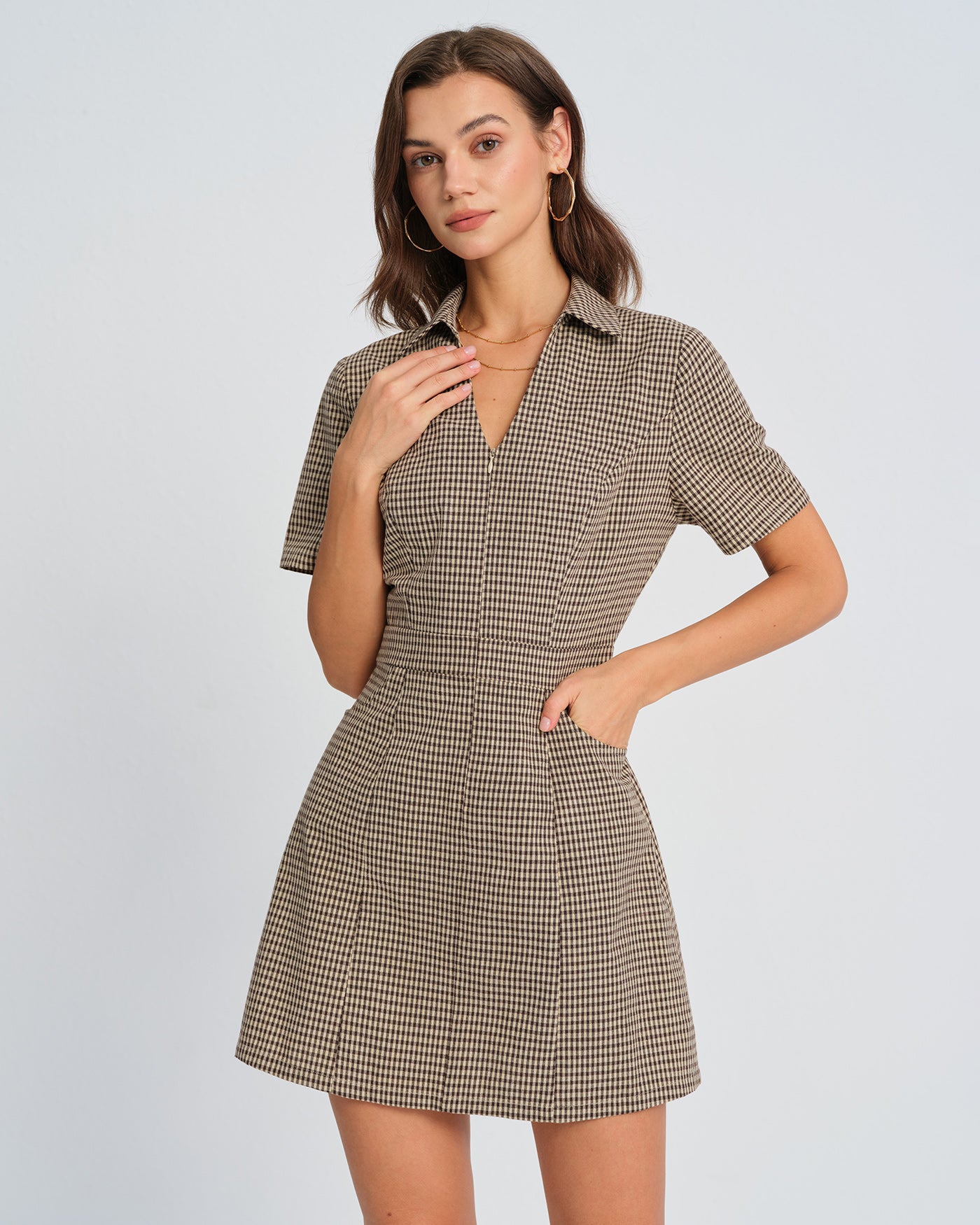 Brown Plaid Collar Mini Dress & Reviews - Brown
