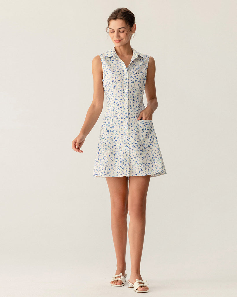 Blue Floral Pocket Sleeveless Mini Dress  - RIHOAS