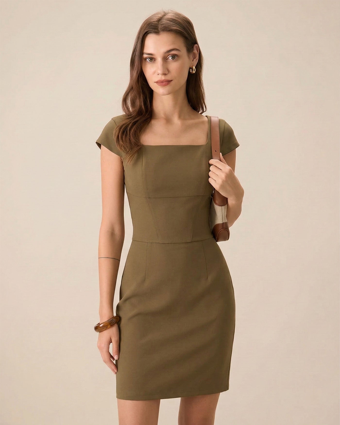 Rihoas Square Neck Cap Sleeve Mini Dress Women's, Brown / XL
