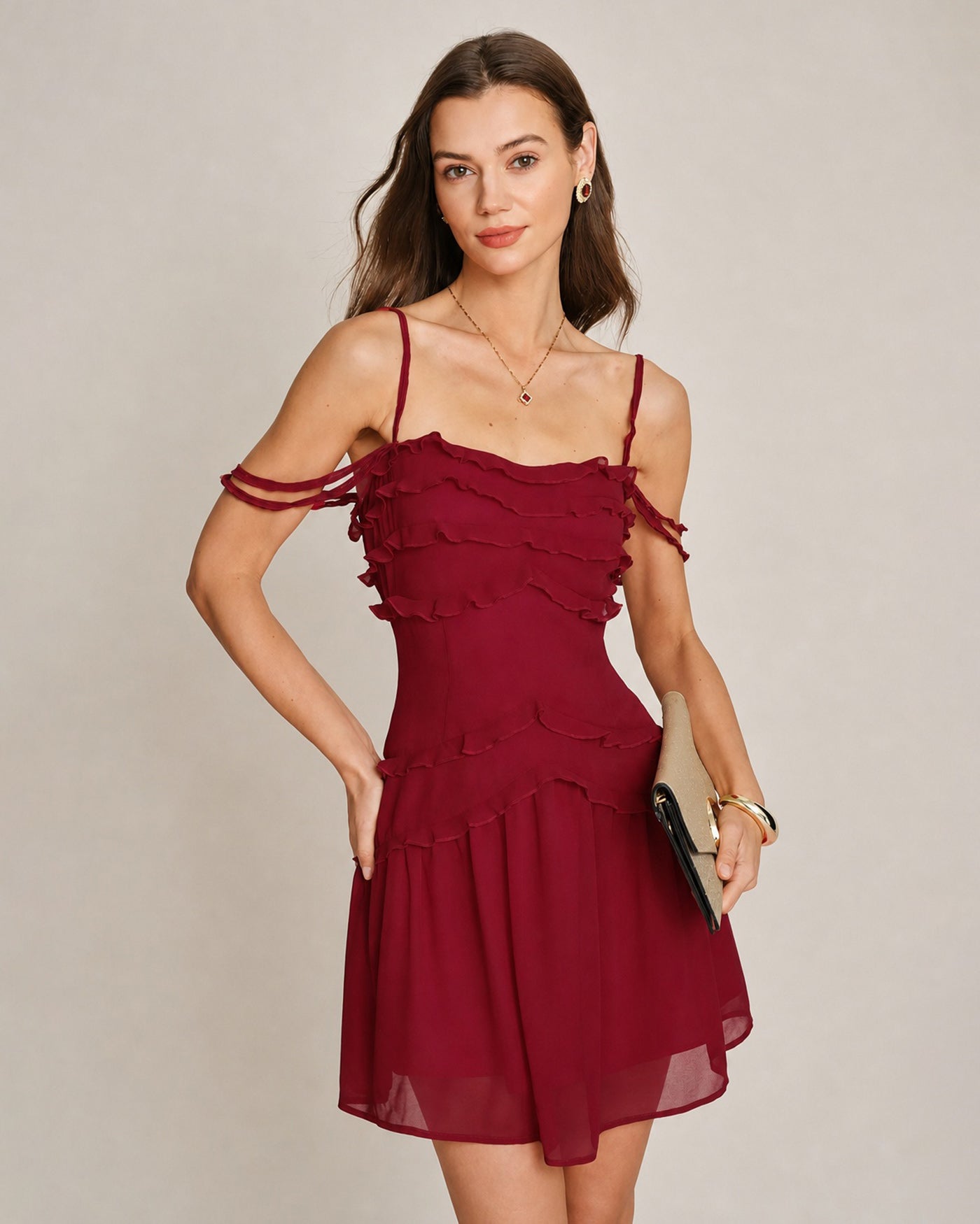 Red Ruffle Strapless Chiffon Mini Dress