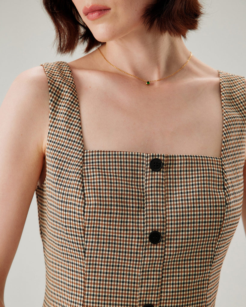 Brown Plaid Button Slip Mini Dress - RIHOAS