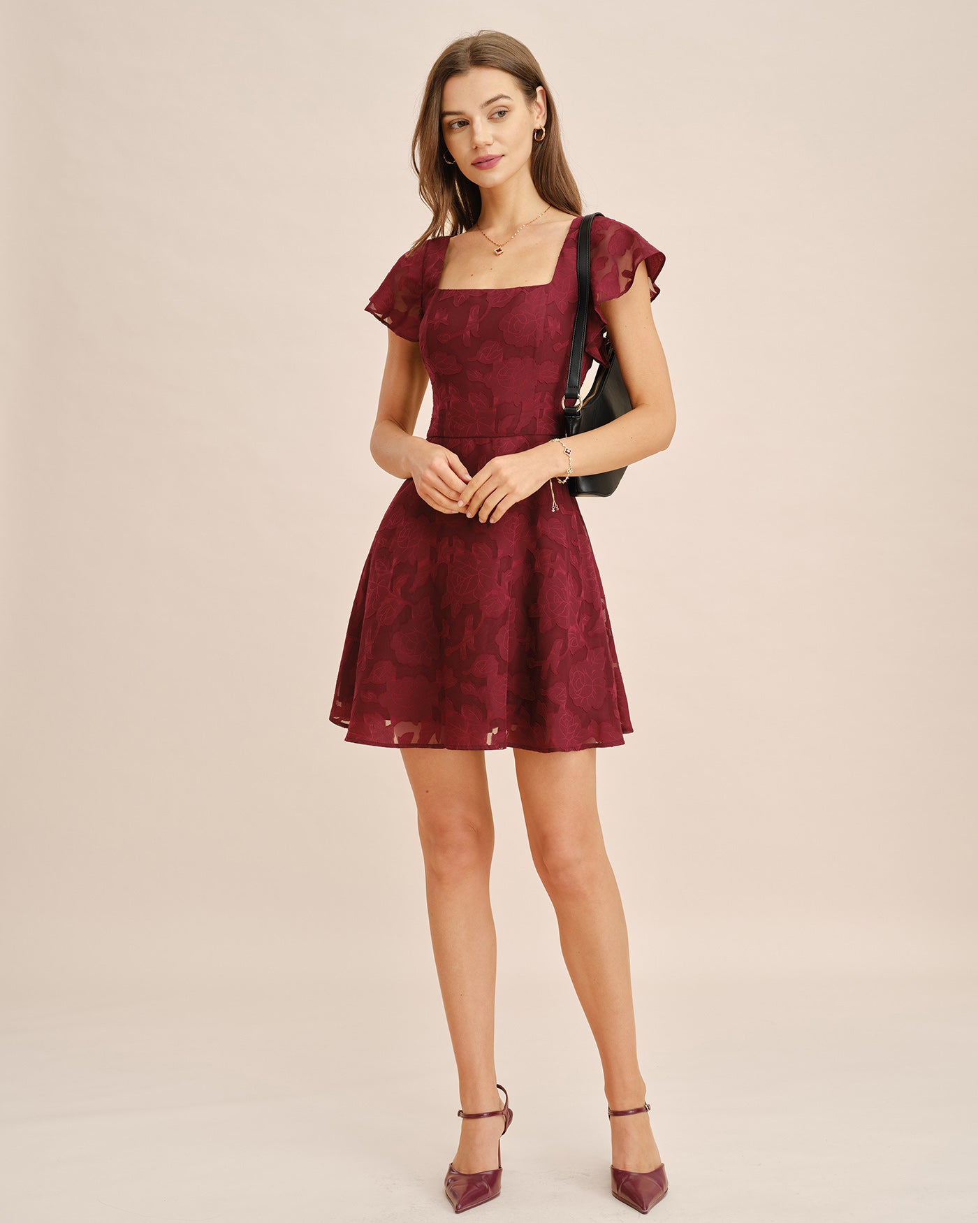 Rihoas Floral Jacquard Square Neck Mini Dress